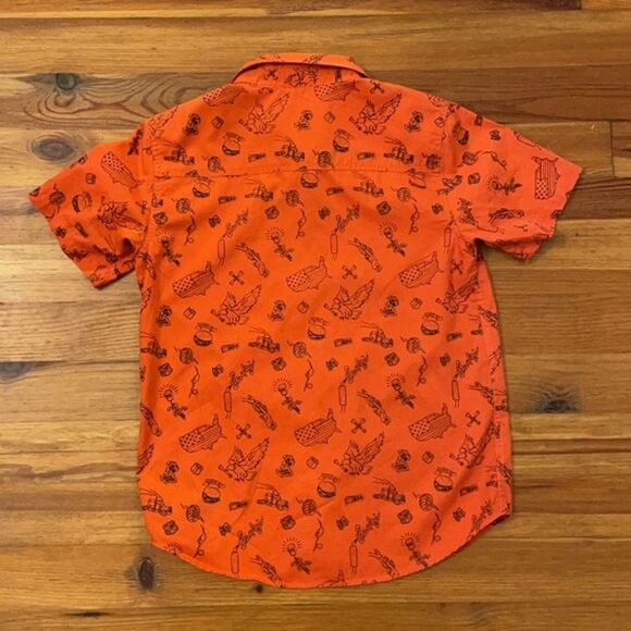 Lucky Brand Orange Novelty Print Button Up Mens Size Large Short Sleeve - Picture 7 of 12